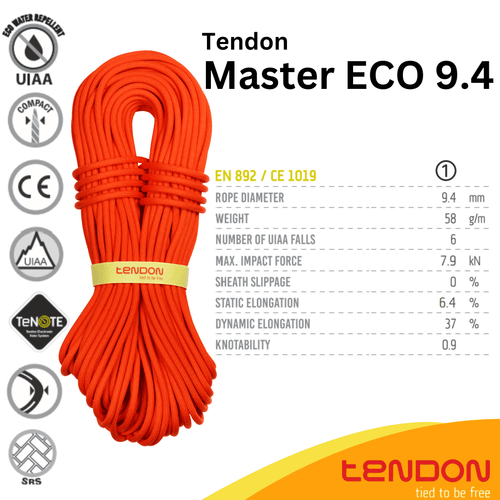 Tendon Master 9.4 Eco Compact Dynamic Rope - UIAA and CE Certified - E