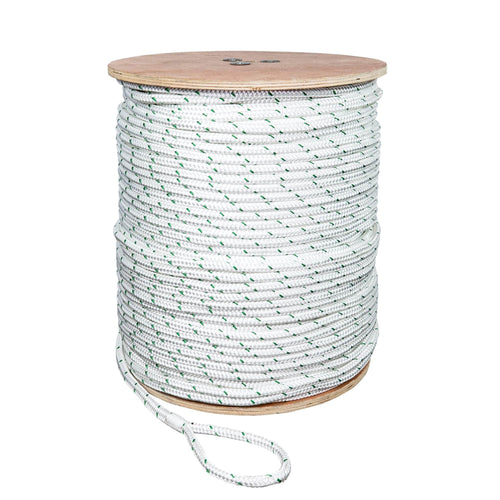 Double Braid Polyester Pulling Rope | 9/16 in | 600 ft | White with Green Tracers | Rope & Cord Superstore | Sgt Knots